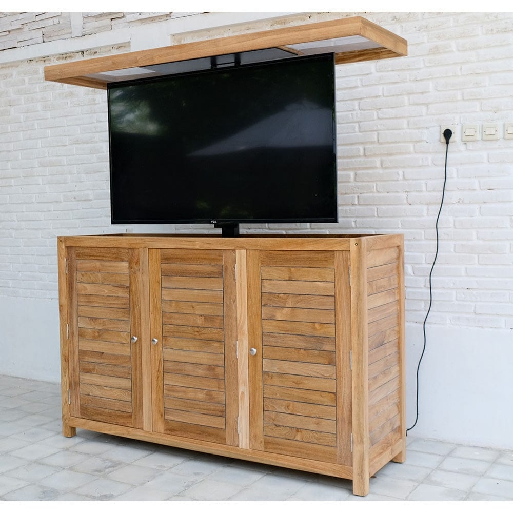 TV Lift Cabinet Includes Slatted Teak Doors and Motorized Top Lid