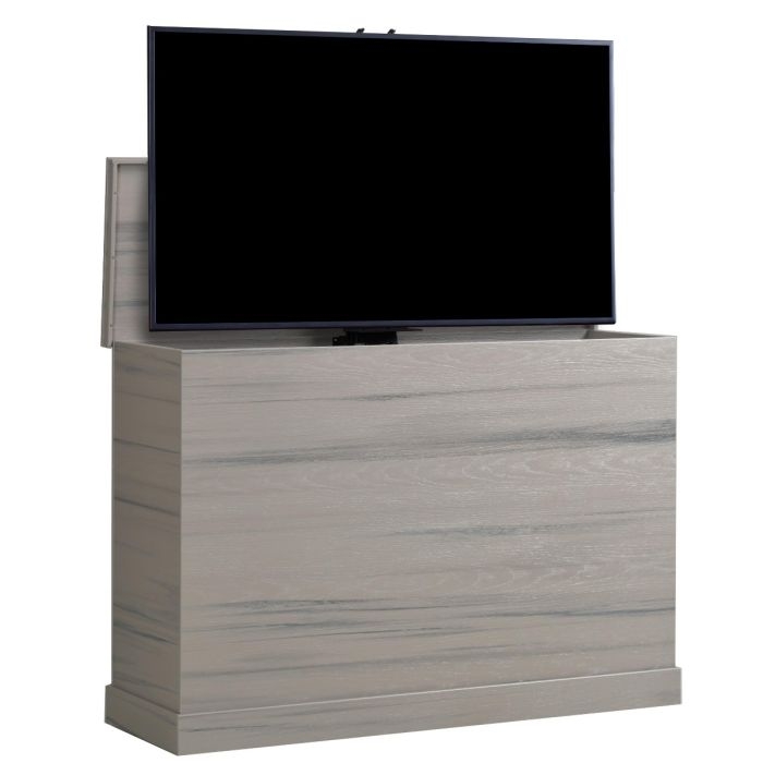 TV Lift Cabinet Provides Weathered Gray Finish and Hidden Storage