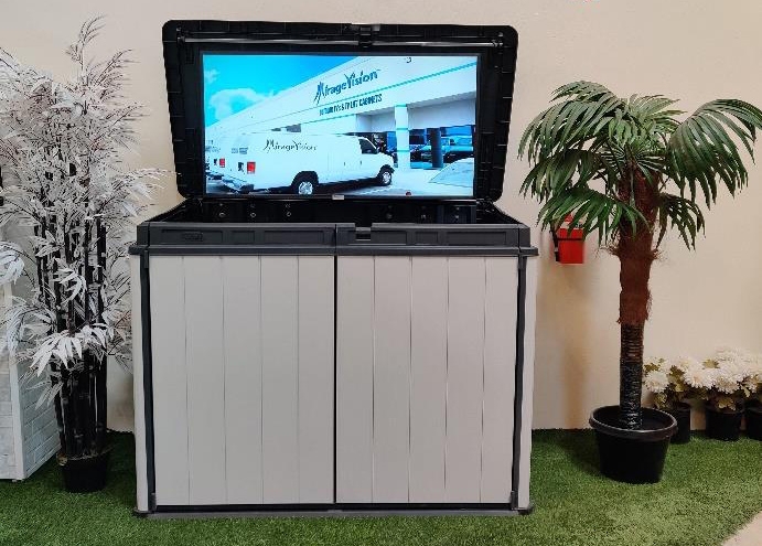 TV Lift Cabinet Showcases Vertical Slats and Resin Protection
