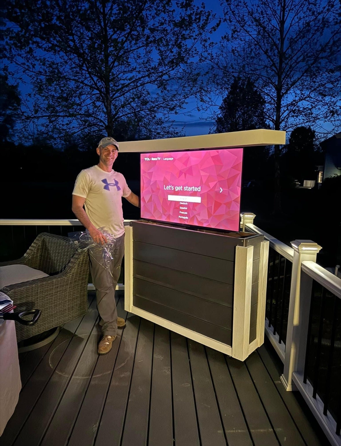 TV Lift Cabinet Using Charcoal and White Weatherproof Enclosure