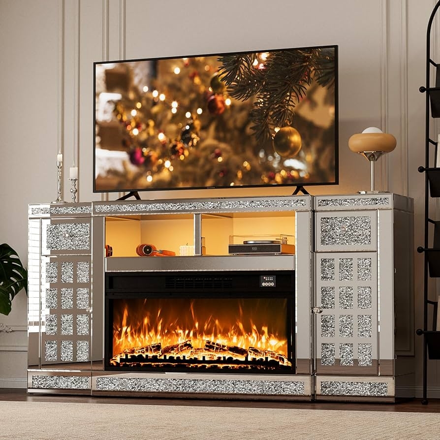 TV Stand Fireplace Modern Regency Crushed Diamond Inlay