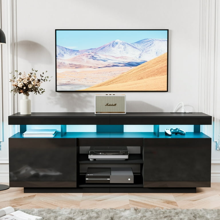 Tv Stand Glossy Fronts Led Lighting Gaming Console Media Unit