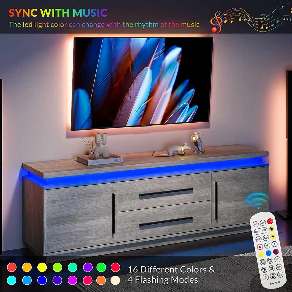 Tv Stand Music Sync Weathered Grey Finish Led Media Console