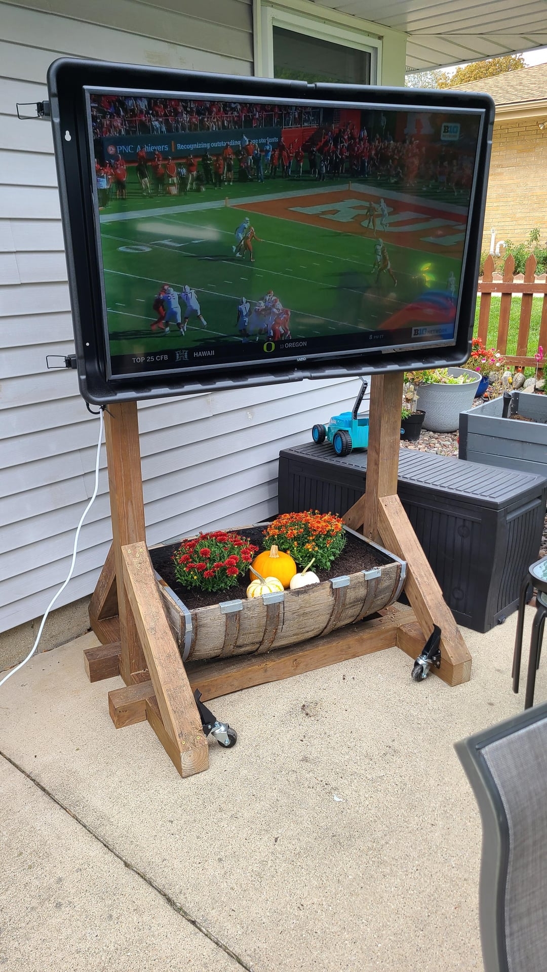 TV Stand with Half Barrel Base and Integrated Rustic Planter