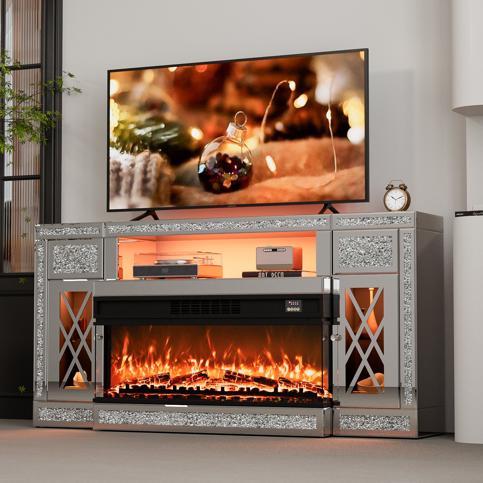 TV Stand with Integrated Electric Fireplace Lattice Doors