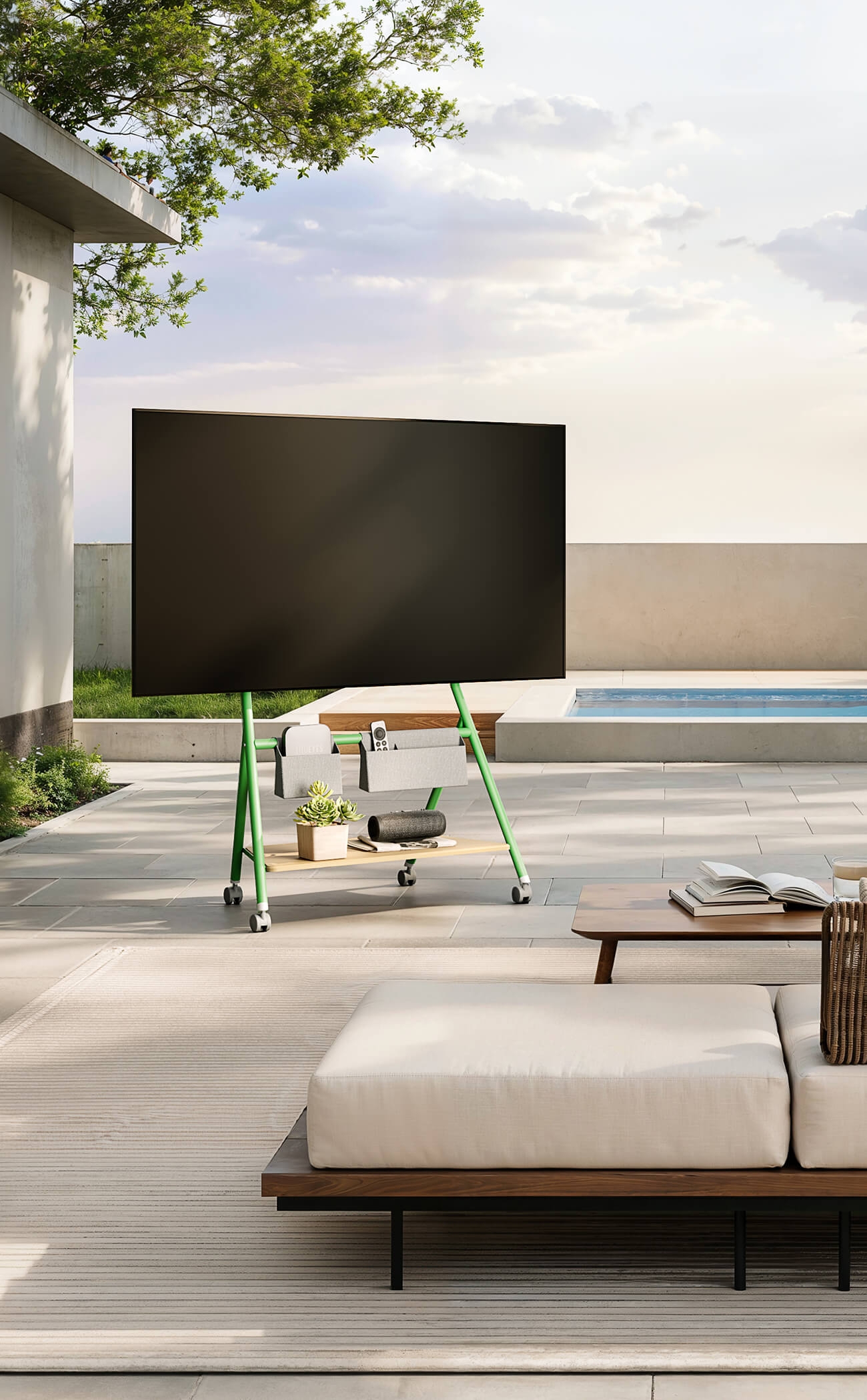 TV Stand with Sage Green Frame and Integrated Fabric Pouches