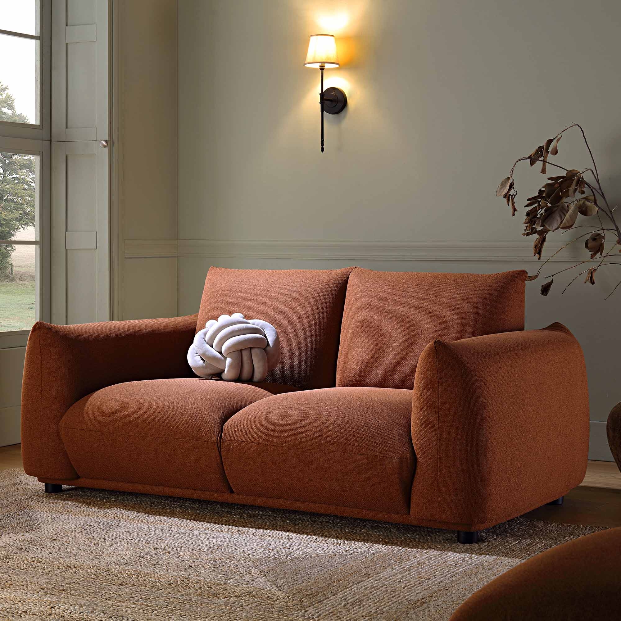 Two Seater Sofa: Chunky Curved Arms Low Profile Design