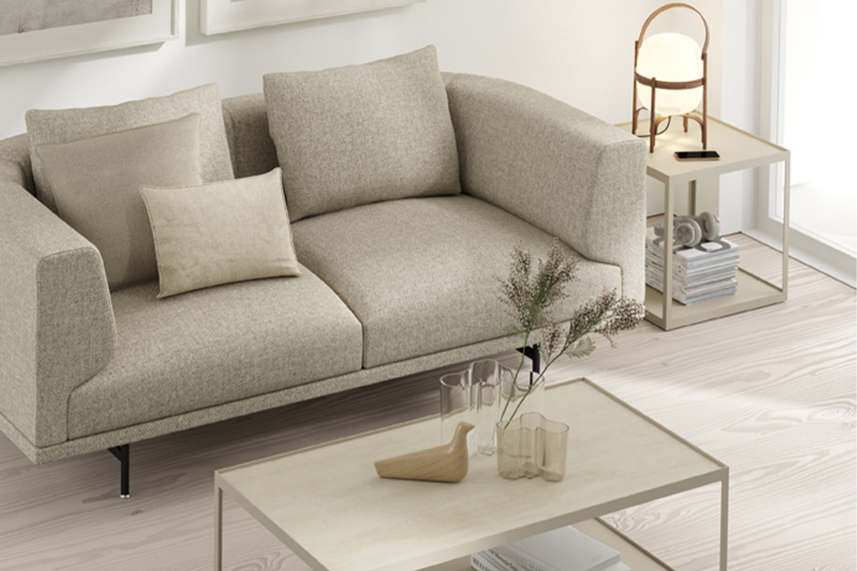 Two Seater Sofa: Textured Upholstery Minimalist Beige Fabric