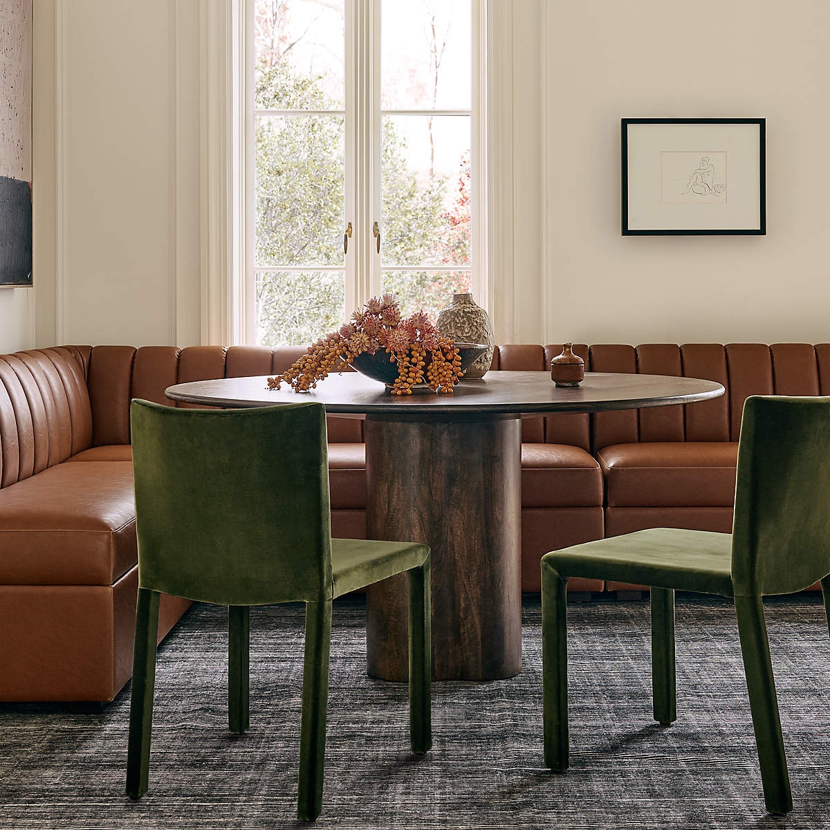 U-Shaped Banquette with Moss Green Velvet Contrast and Pedestal Base