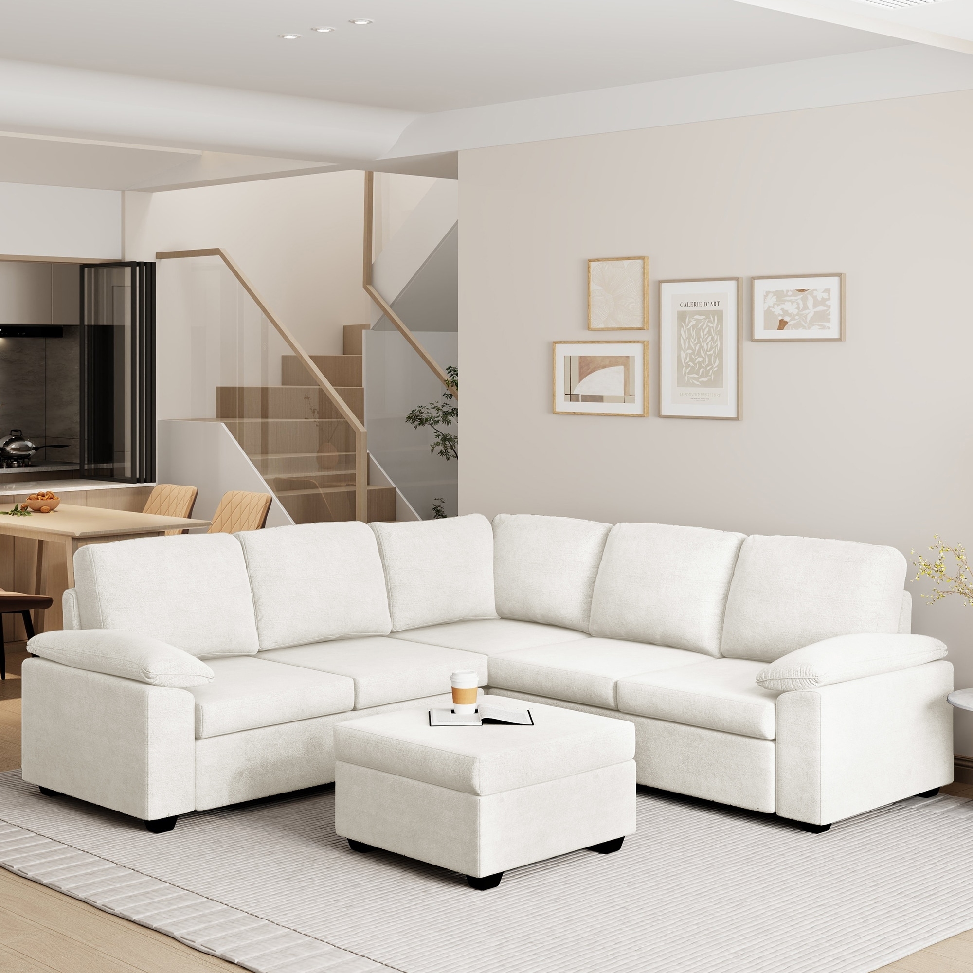 U-Shaped Sectional with Armrest Pillows and White Couch