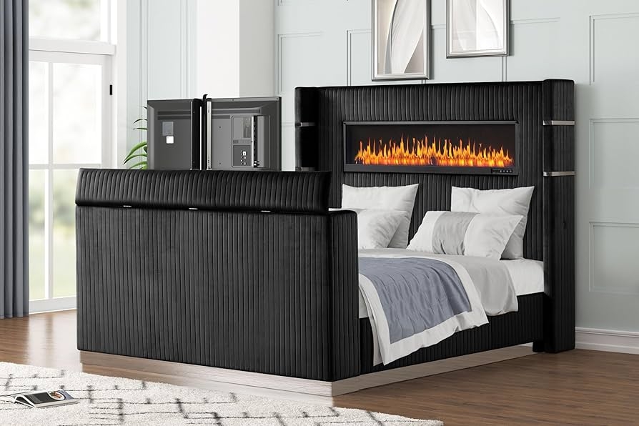 Upholstered Bed Frame With 68 Inch Headboard and TV Mount Bed Frame