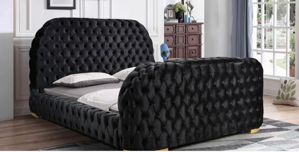 Upholstered Bed Incorporating Rolled Footboard and Black Velvet