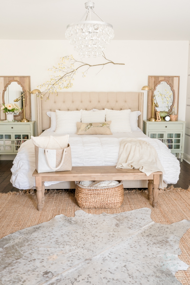 Upholstered Bed: Sage Green Nightstands and Tufted Wings