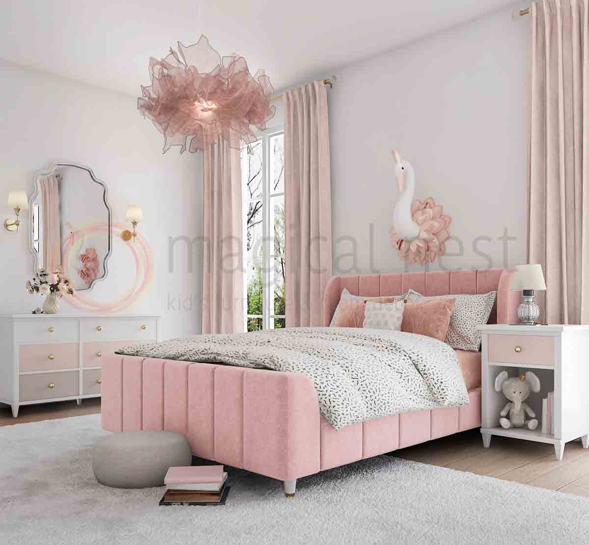 Upholstered Bed with Channel Tufting and Blush Pink Velvet Bed Style