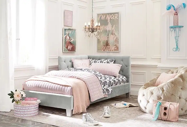 Upholstered Daybed with Corner Frame and Glam Teen Girl Bedroom Style