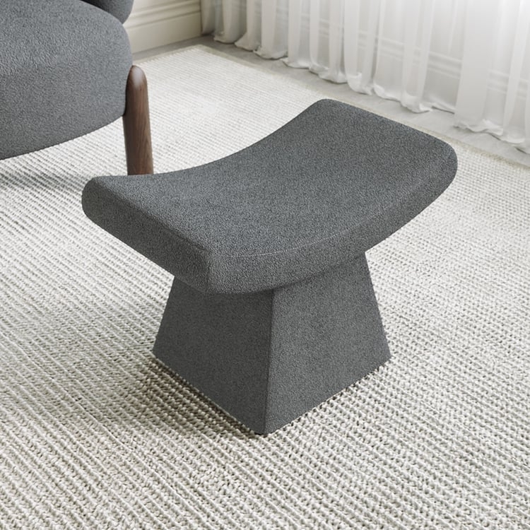 Upholstered Ottoman: Curved Saddle Seat Charcoal Gray Boucle Stool