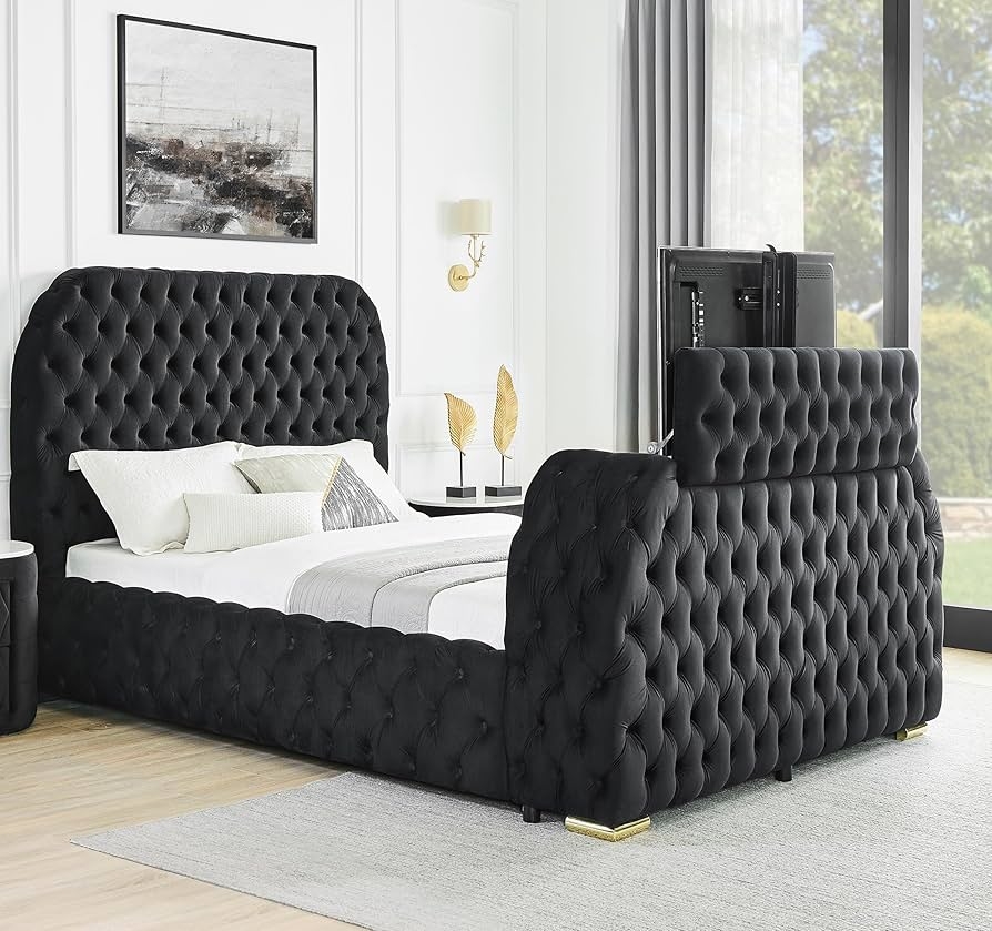 Upholstered Sleigh Bed With Arched Headboard and Tufted Sleigh Bed