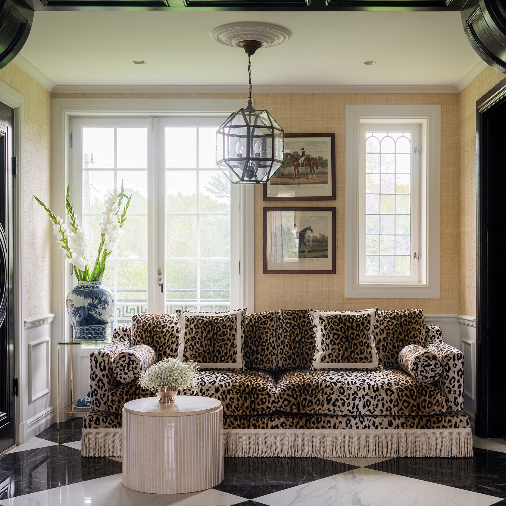 Upholstered Sofa: Fringe Skirt and Leopard Print Velvet Decor