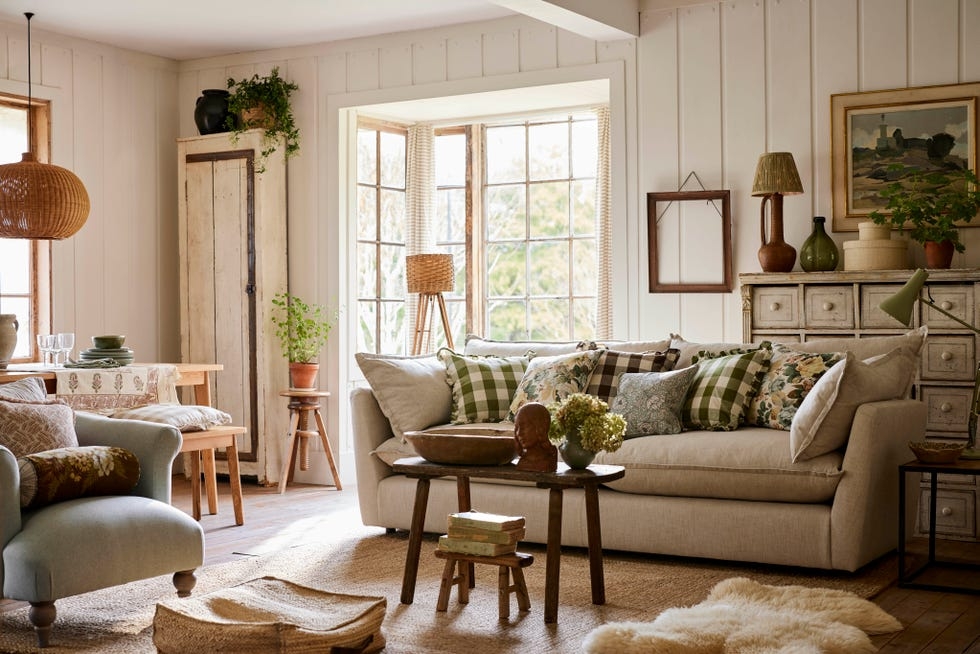 Upholstered Sofa with Gingham Pillows for Country Cottages