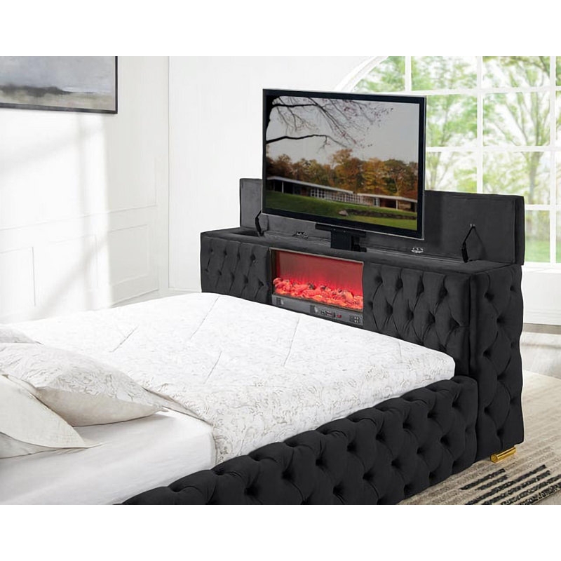 Upholstered TV Bed With Built-in Fireplace and Tufted Fireplace