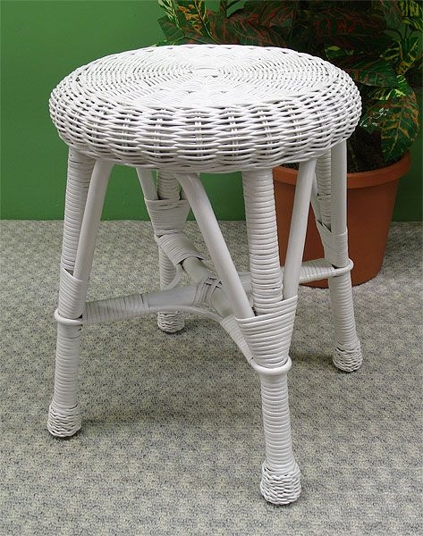 Utility Stool White Rattan with Radial Woven Pattern