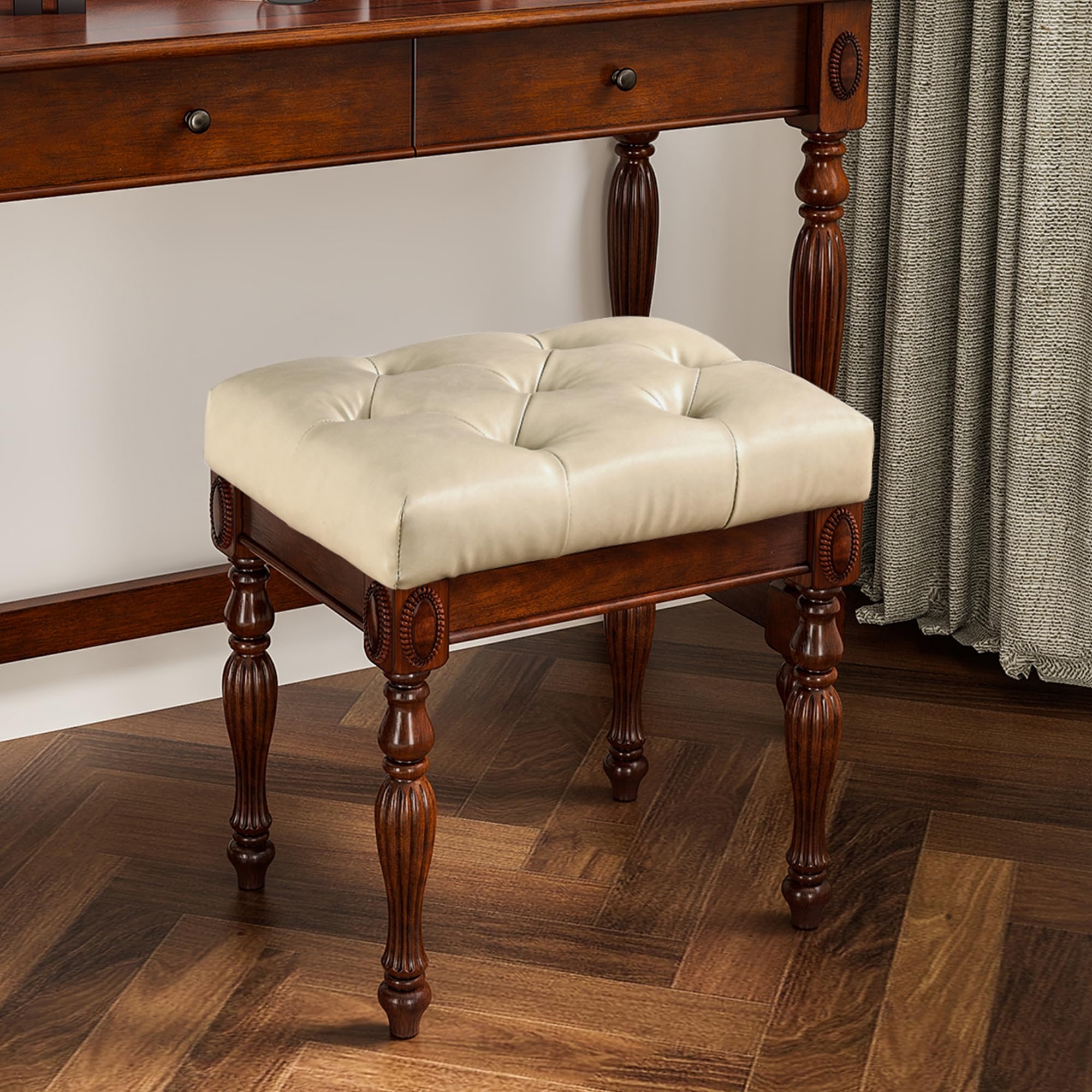 Vanity Bench with Diamond Tufting and Fluted Wood Legs