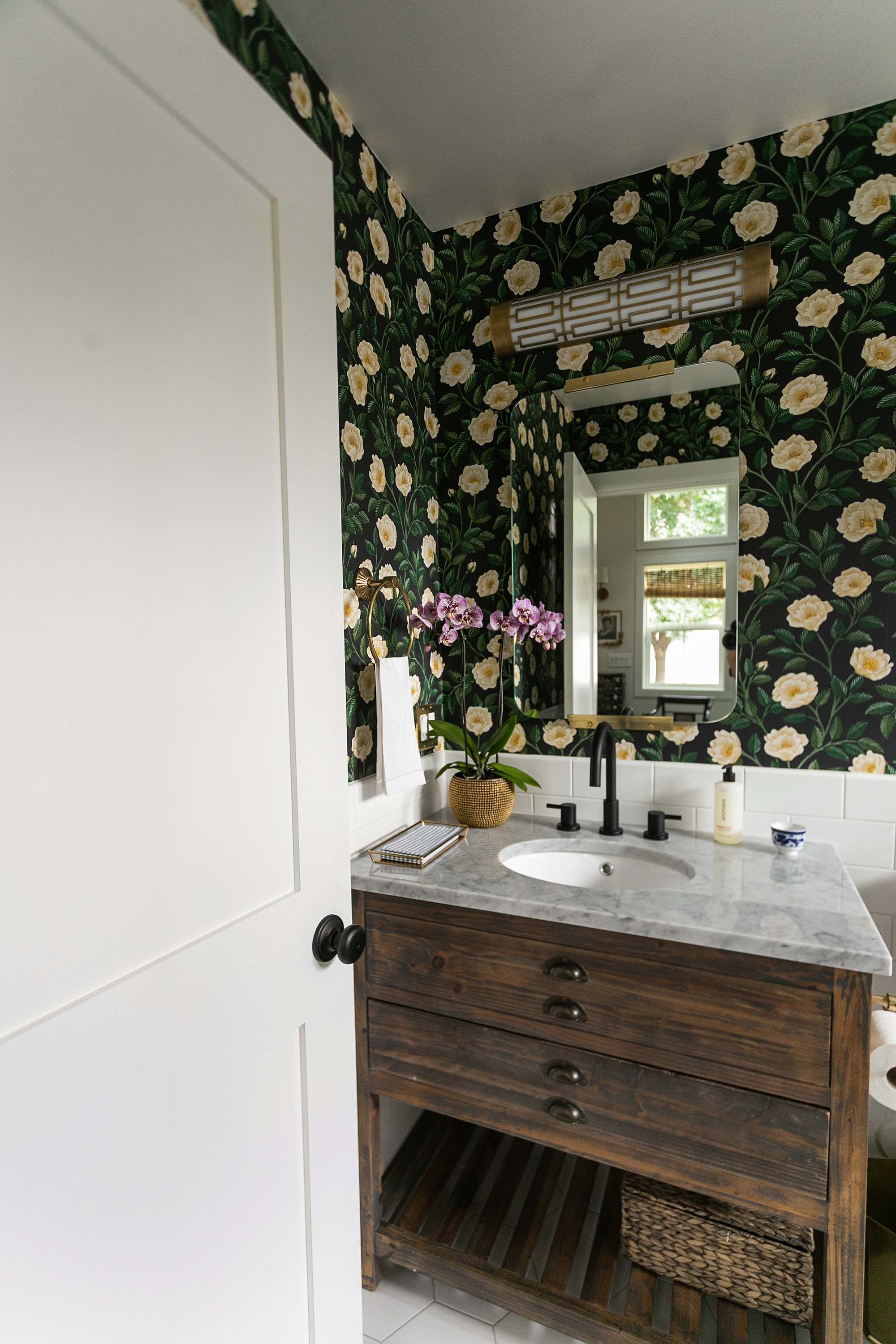 Vanity Cabinet in Distressed Wood for Maximalist Bathroom Wallpaper
