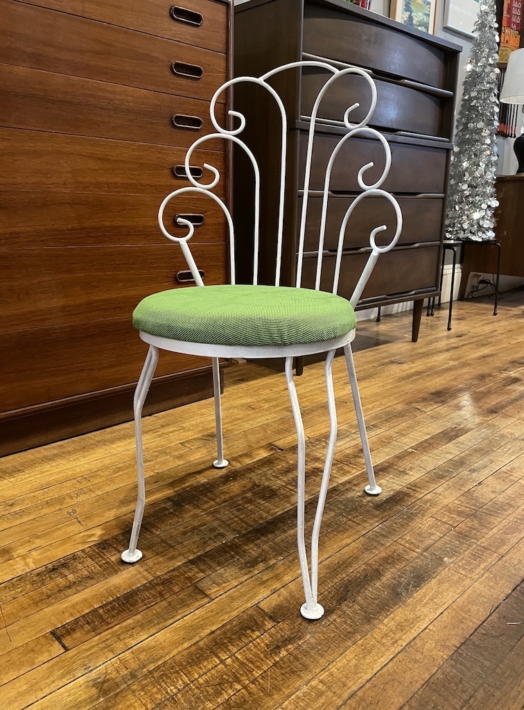 Vanity Chair with Fan Back Wrought Iron and Green Seat