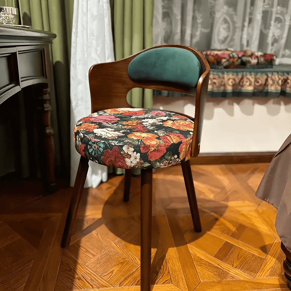 Vanity Chair with Floral Seat Cushion and Curved Wood Frame