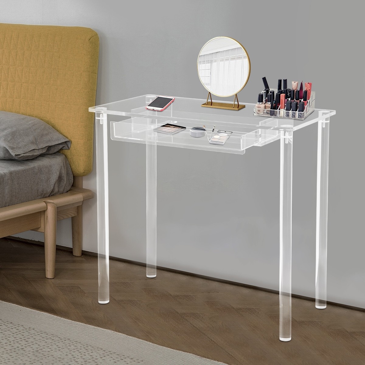 Vanity Desk with Integrated Drawer and Transparent Round Legs