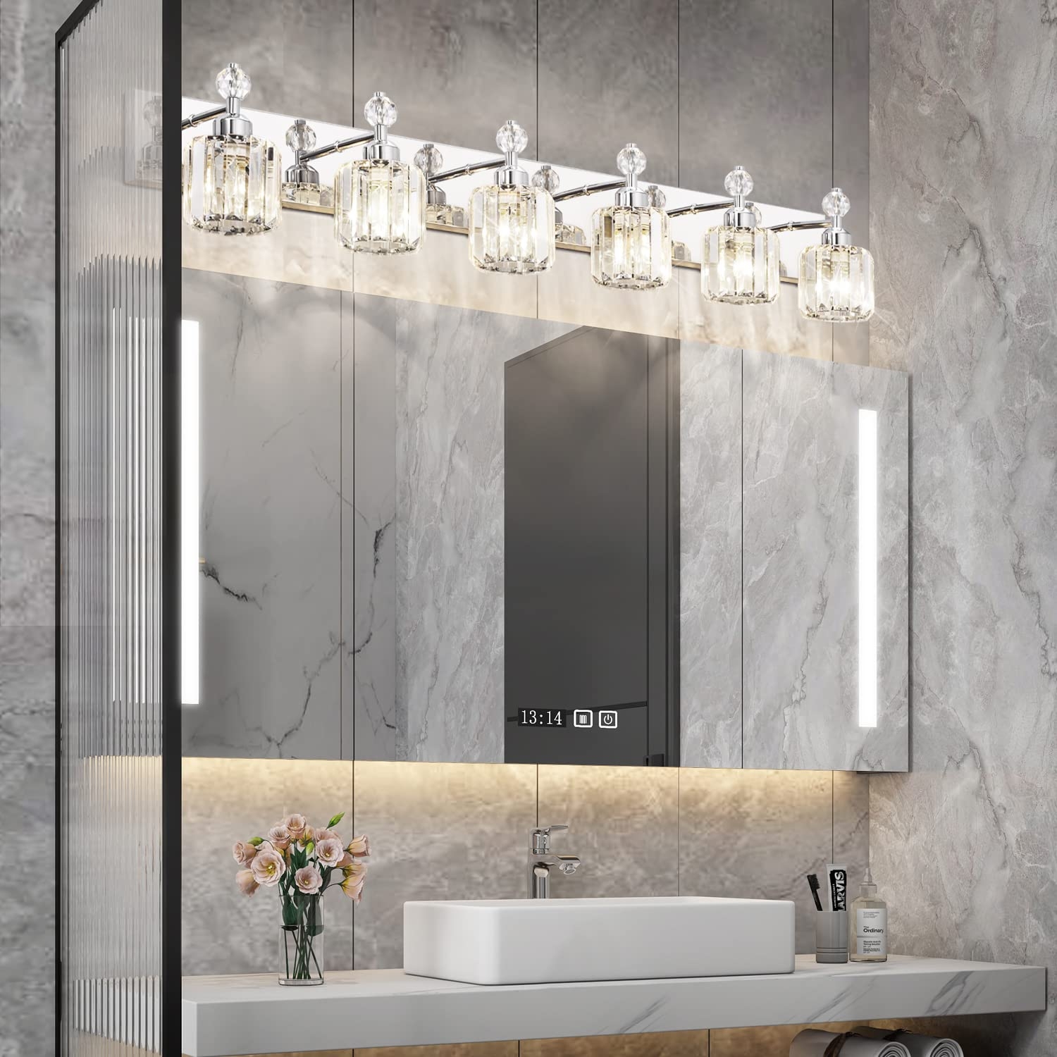 Vanity Light Faceted Crystal Shades 6-Light Chrome Bar