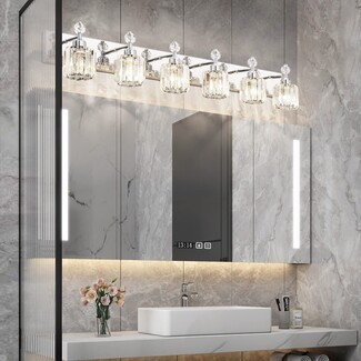 Vanity Light Faceted Crystal Shades 6-Light Chrome Bar