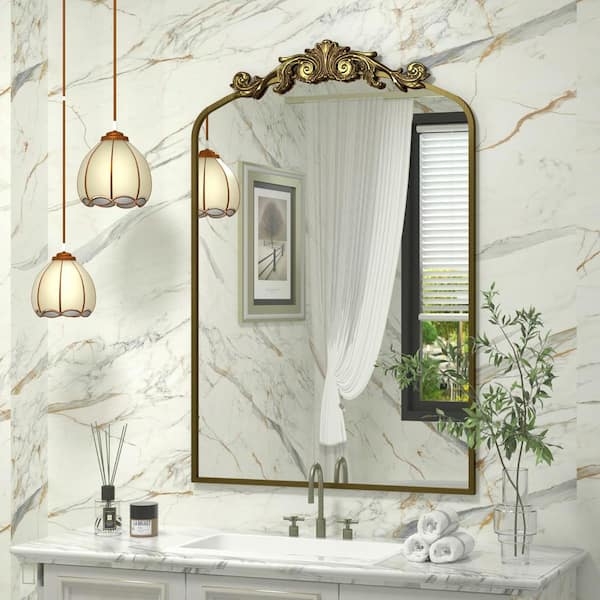 Vanity Mirror Baroque Crest Arched Gold Bathroom Wall Decor