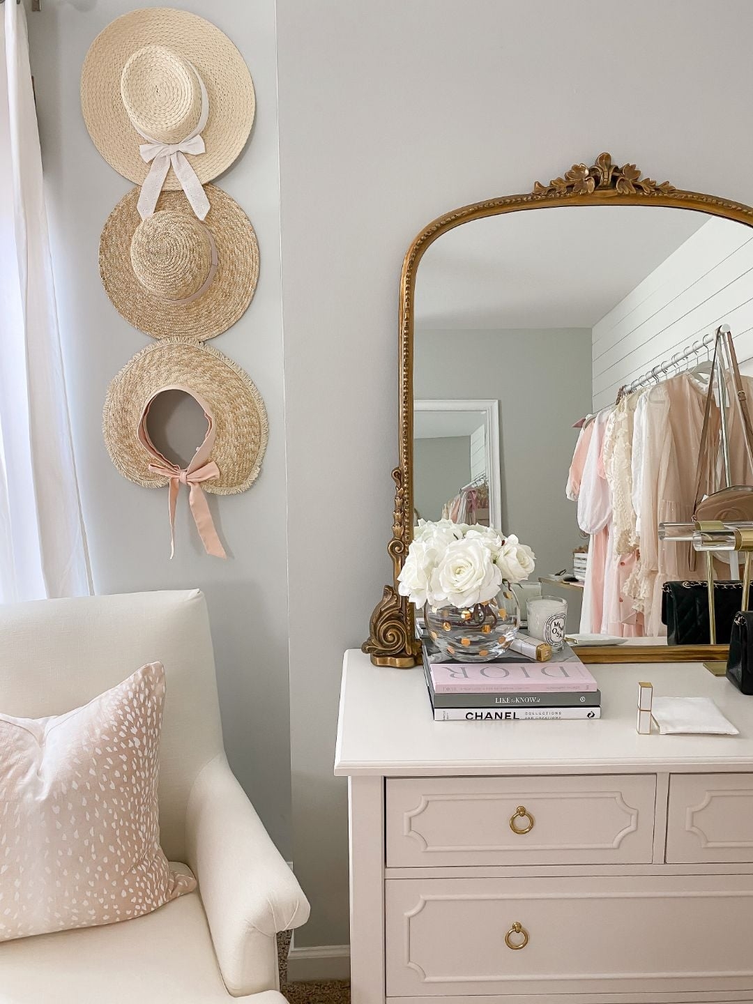 Vanity Mirror Ornate Gold Frame Straw Hat Bedroom Styling