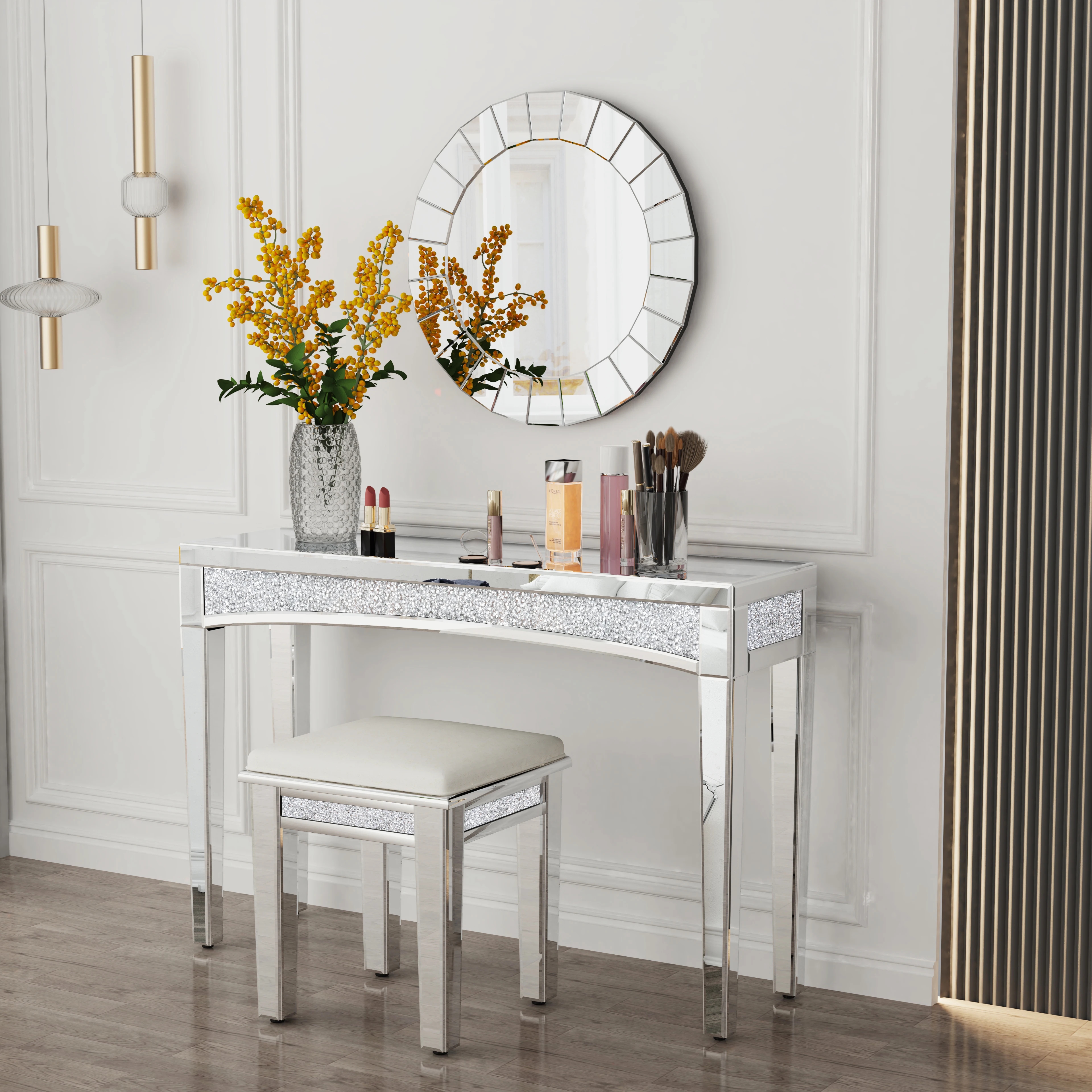 Vanity Set with Mirrored Surfaces and Crystal Inlay