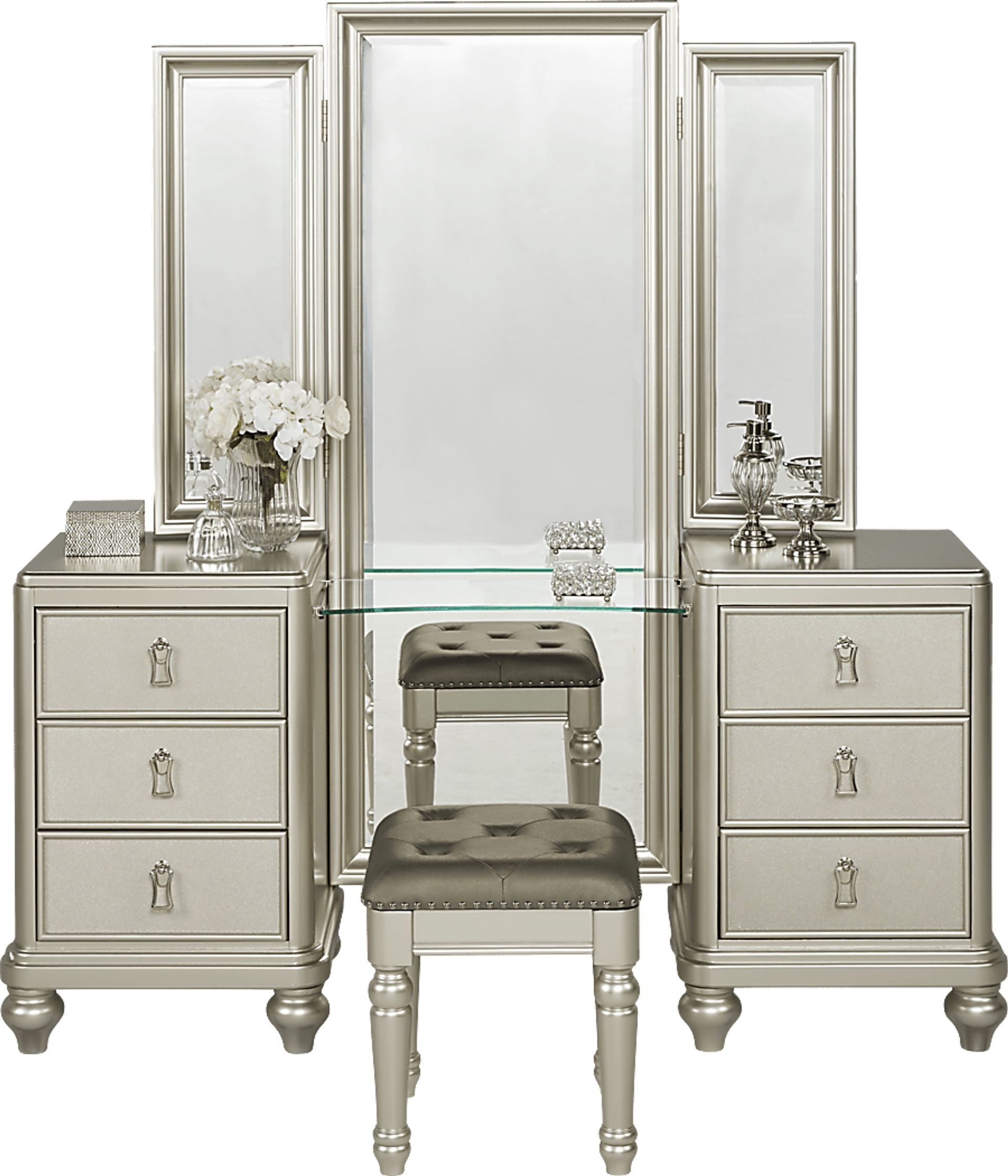Vanity Set with Tri-Fold Mirror and Elegant Glass Center Shelf
