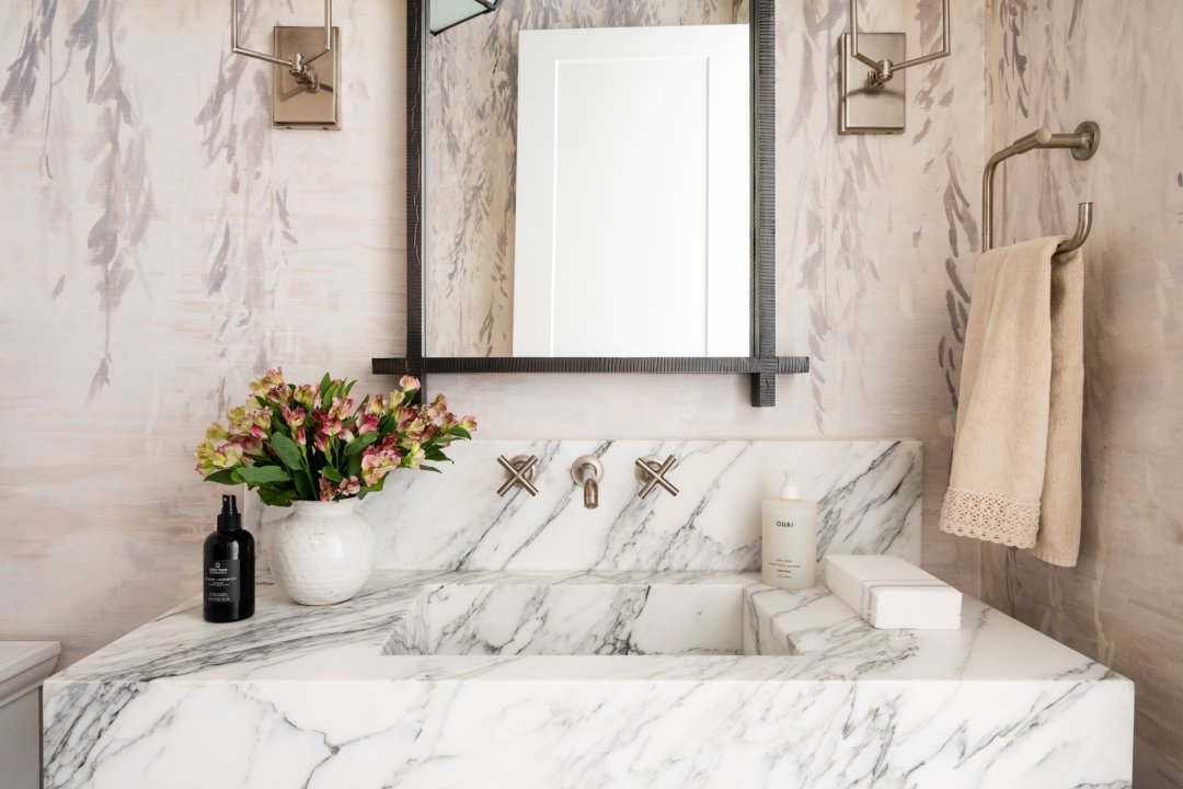 Vanity Sink with Integrated Stone Sink and Thick Edge Marble Vanity