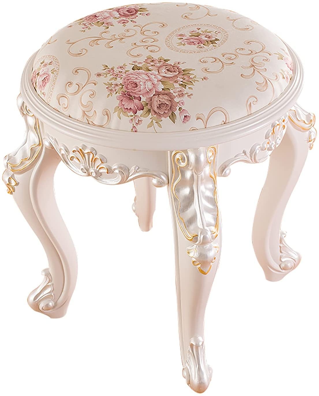 Vanity Stool featuring Gold Filigree Accents and Rose Fabric