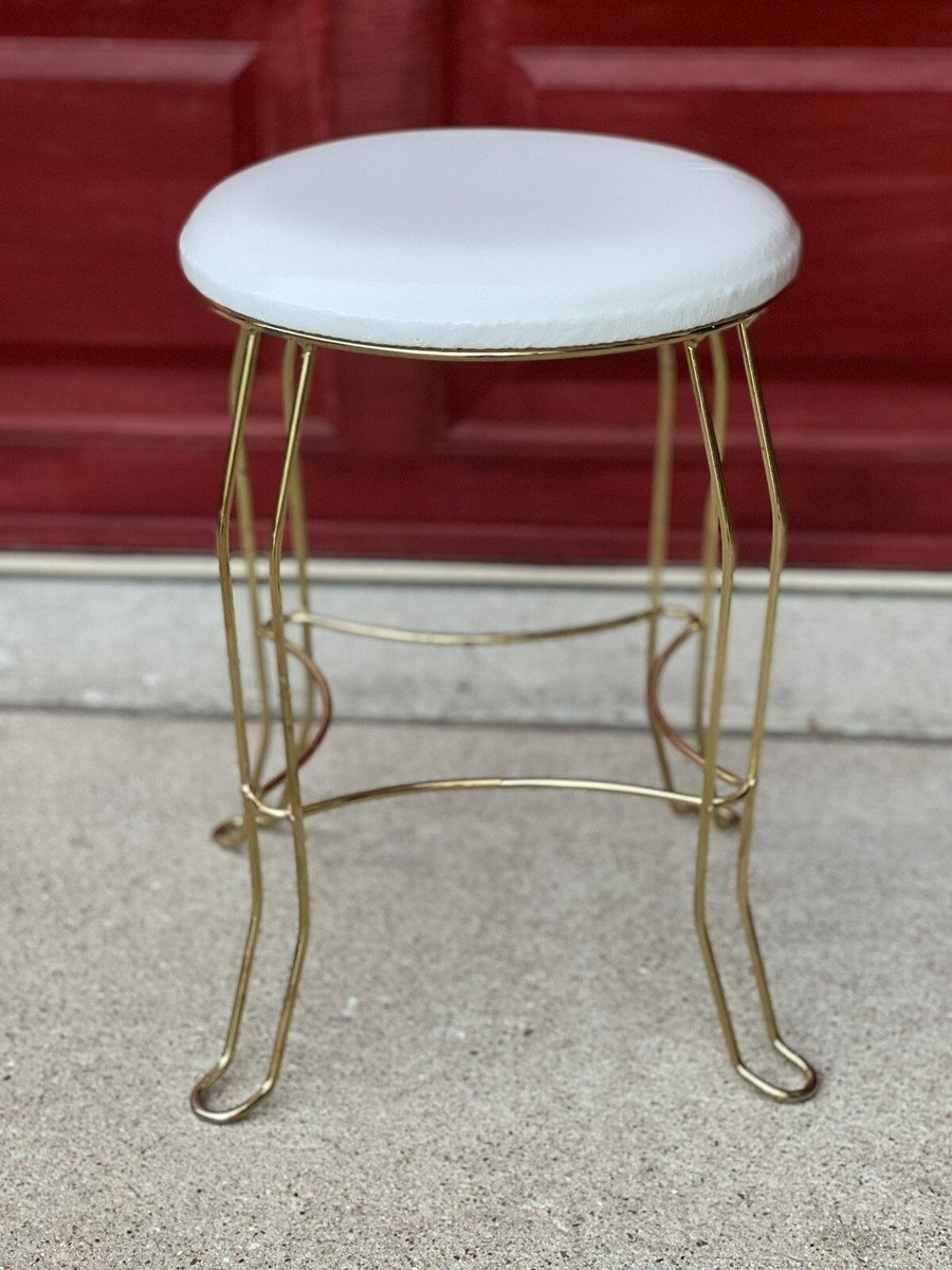 Vanity Stool in Gold Wireframe with Round White Seat