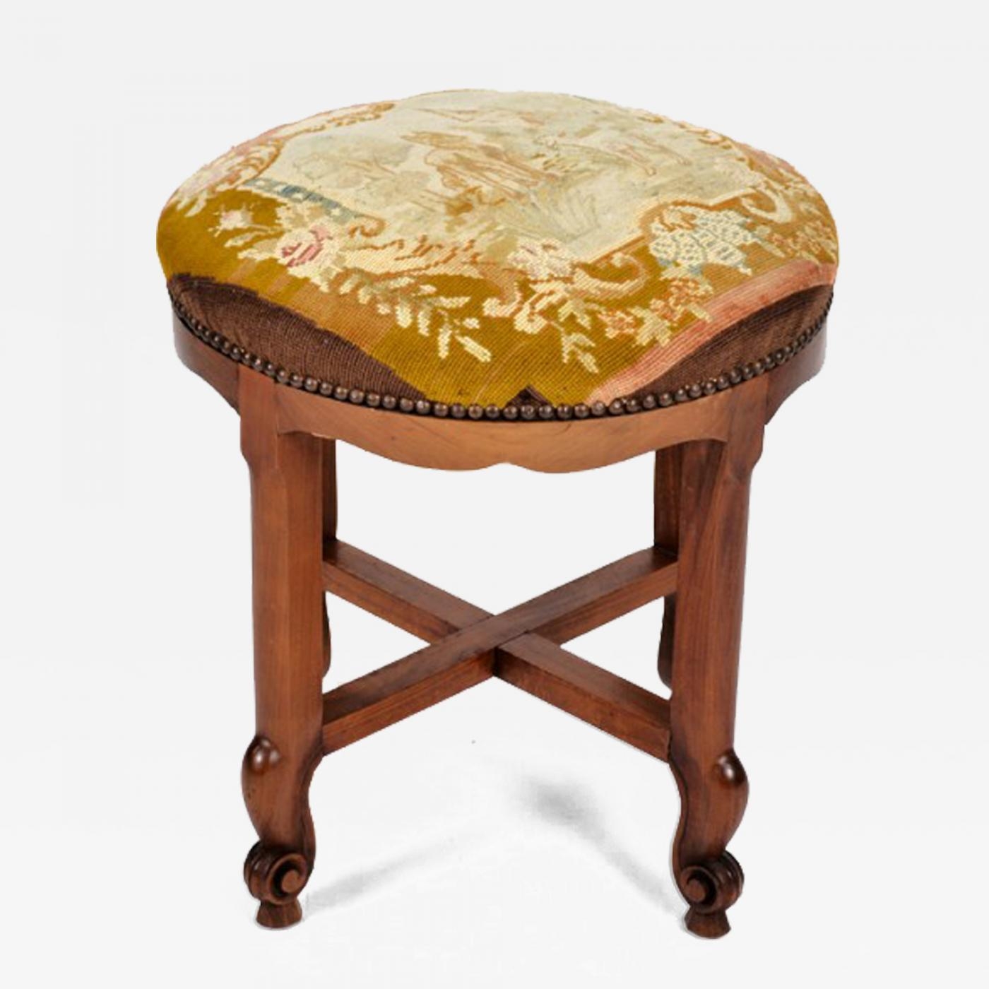Vanity Stool with Needlepoint Tapestry Seat and X Stretcher