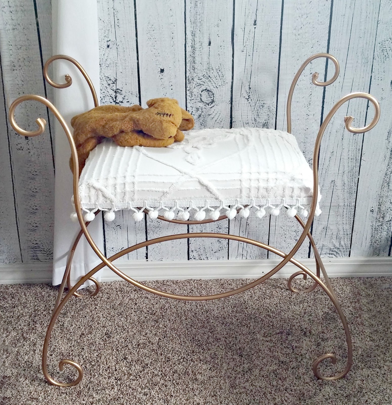 Vanity Stool with Pom Pom Fringe and Scrollwork Arms