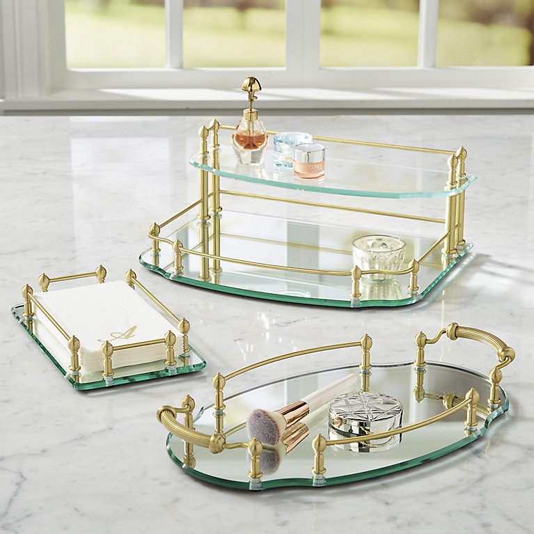 Vanity Tray with Two Tiered Shelf and Scalloped Edges
