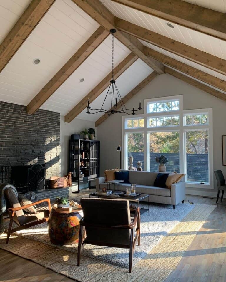 Vaulted Living Room Exposed Beams Spoke Chandelier