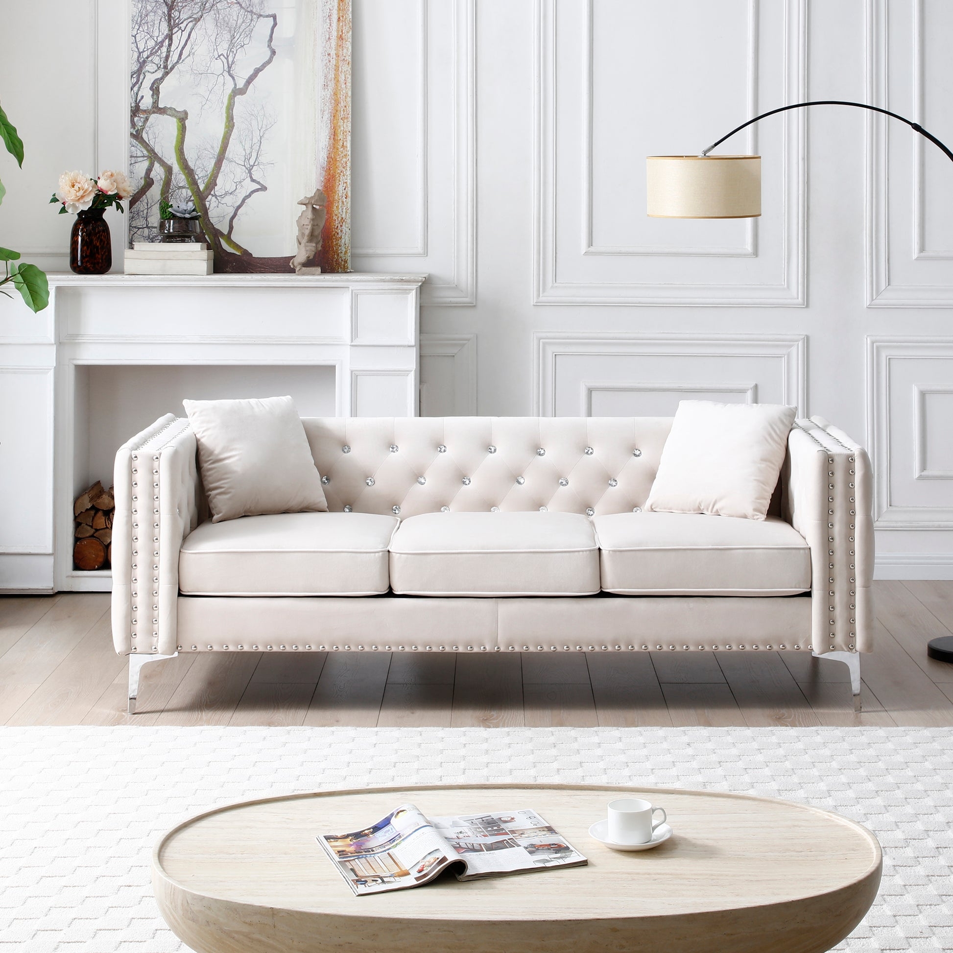 Velvet Sofa: Jeweled Button Upholstery and Track Arms
