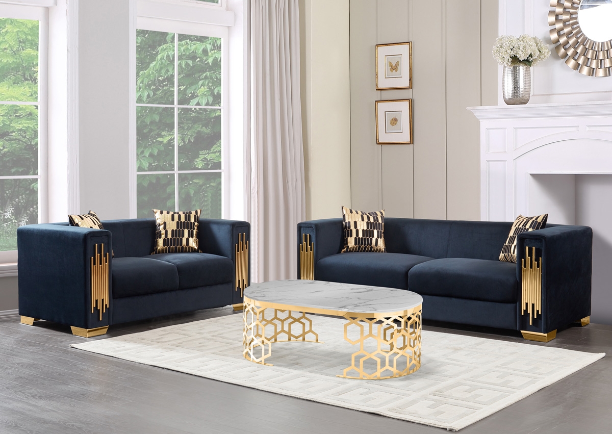 Velvet Sofa Set Vertical Metal Slats Shiny Trim Tuxedo Frame