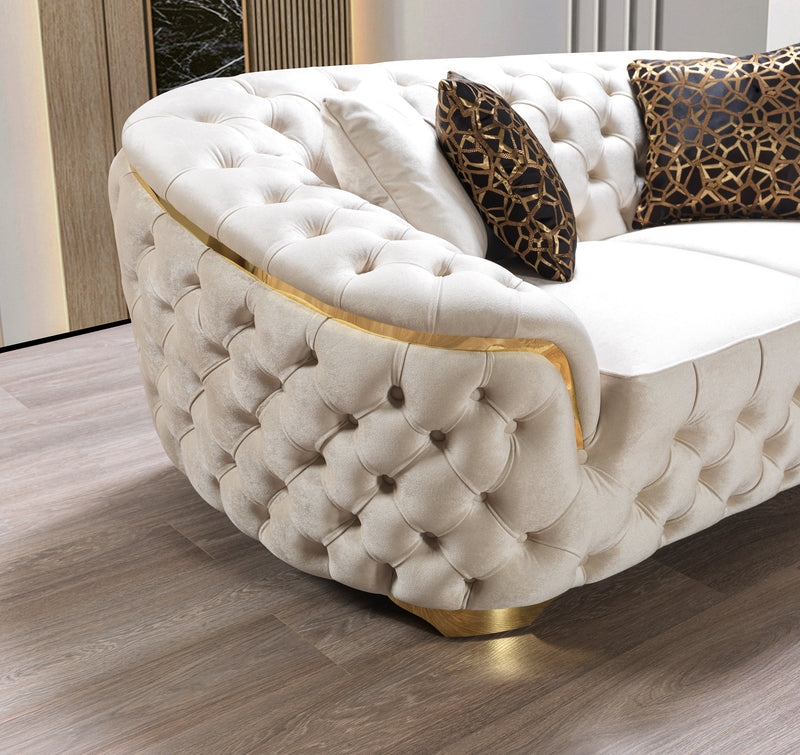 Velvet Sofa with Gold Metallic Trim and Ivory Seating