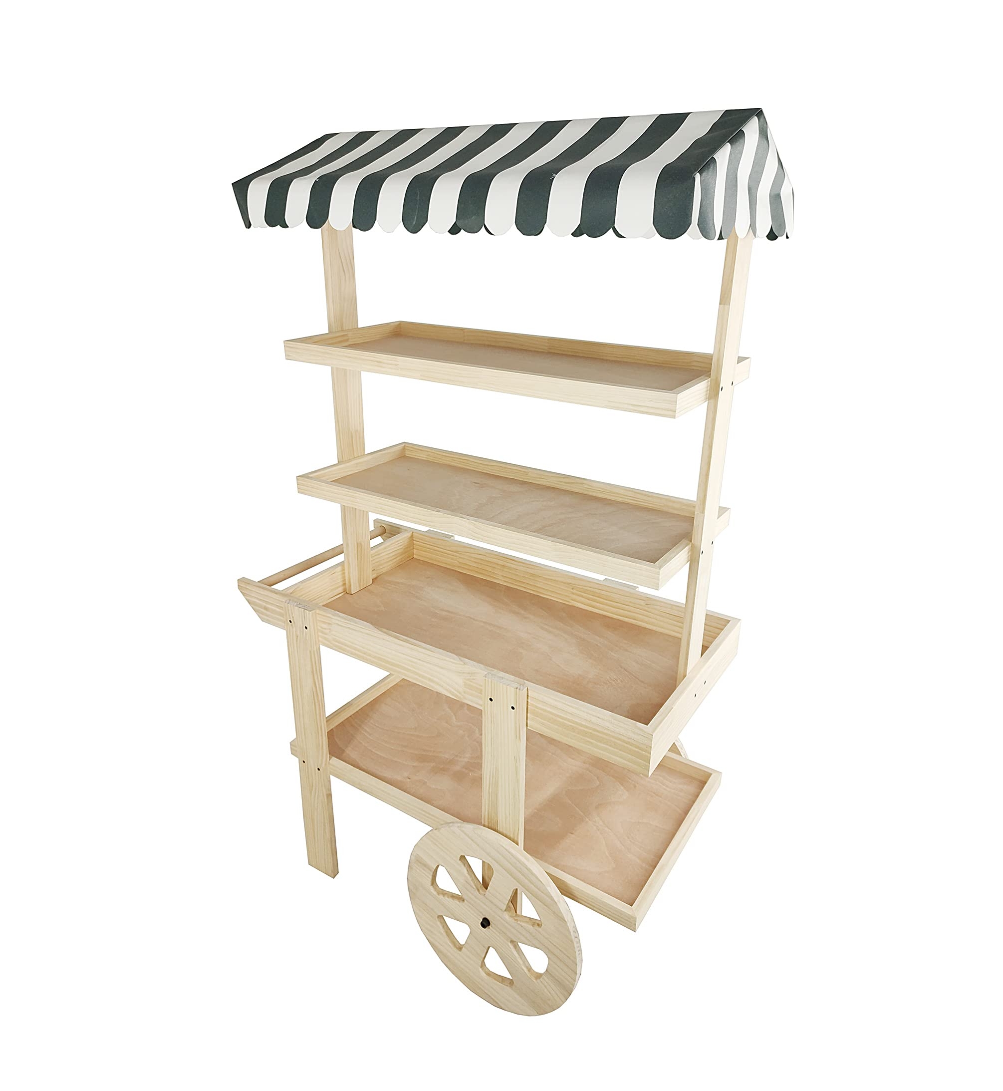 Vending Cart with Tiered Shelving and Striped Awning Wagon