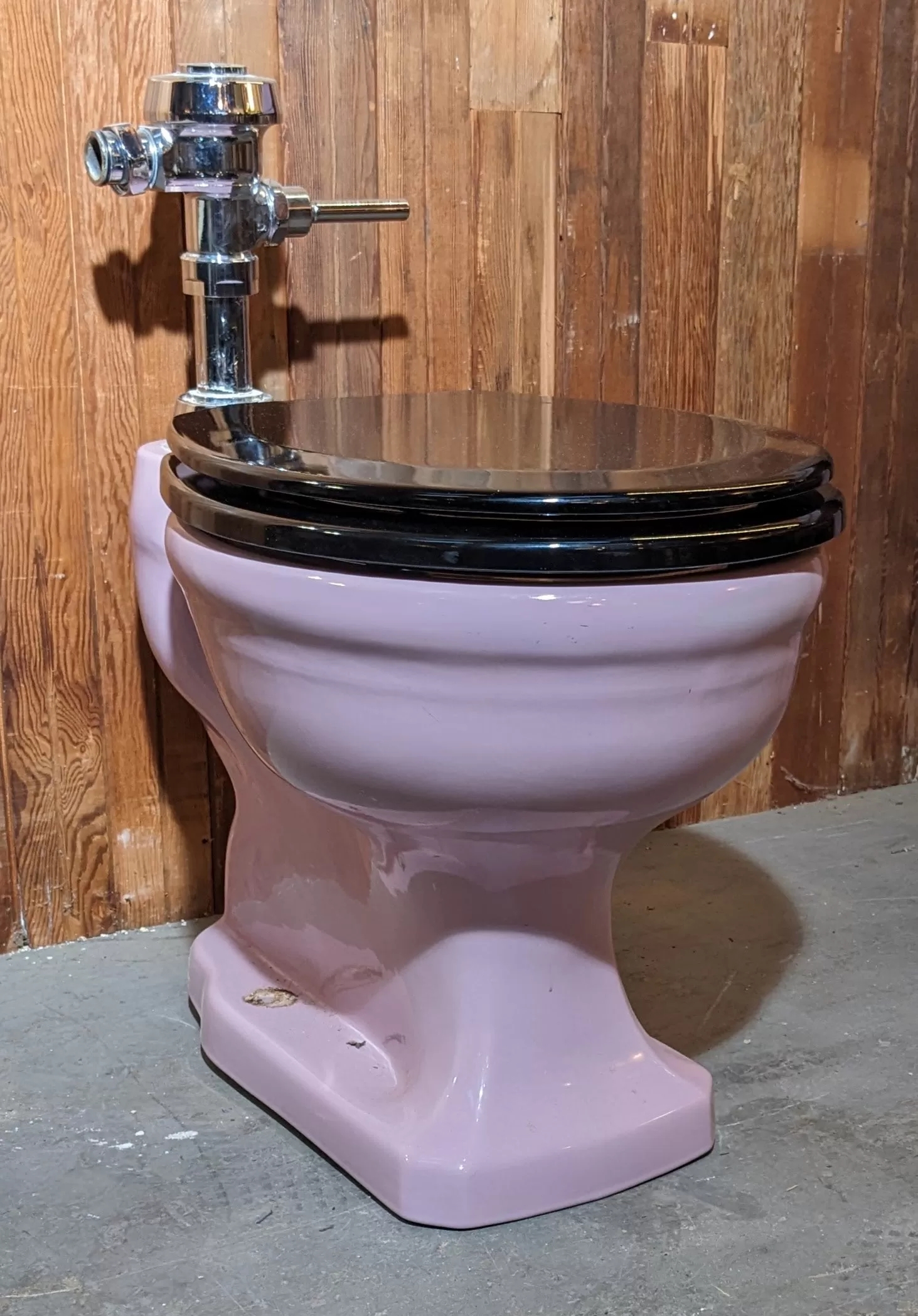 Vintage Toilet in Rose Pink Ceramic with Black Seat and Flush Valve