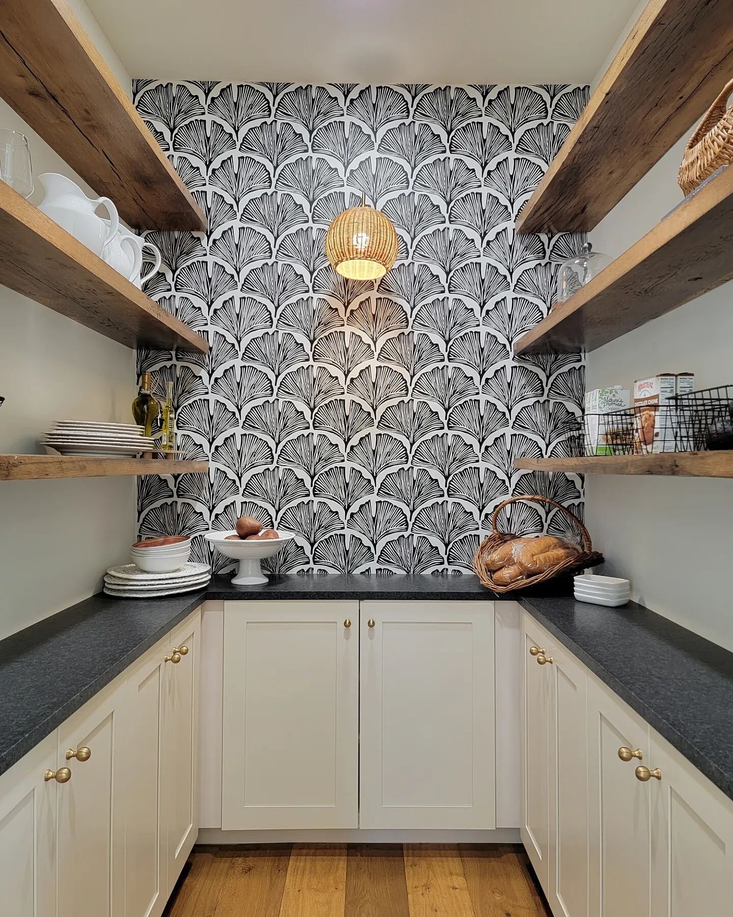 Walk In Pantry Ginkgo Wallpaper Thick Wood Shelves