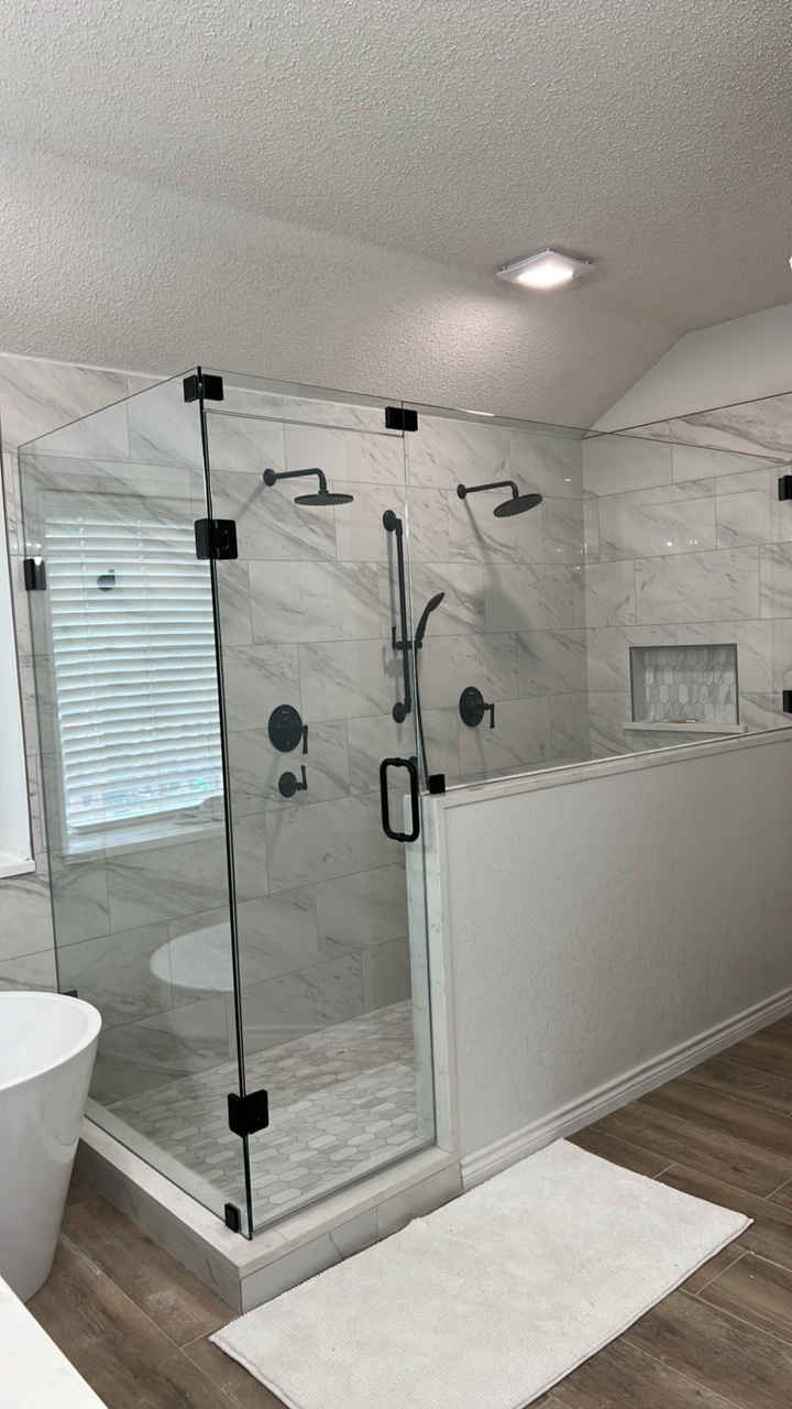 Walk In Shower dual fixtures and marble look tile